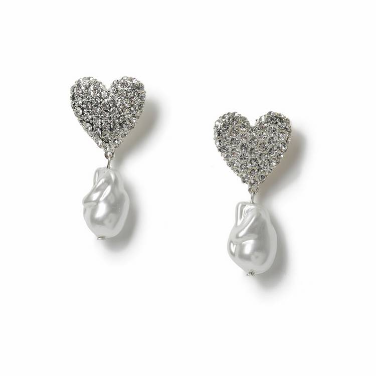 Freedom silver tone pave pearl heart stud earrings, imported from the UK