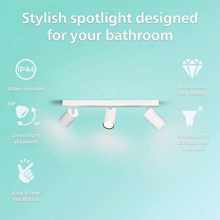Philips bathroom spotlight 3-light metal white - British product