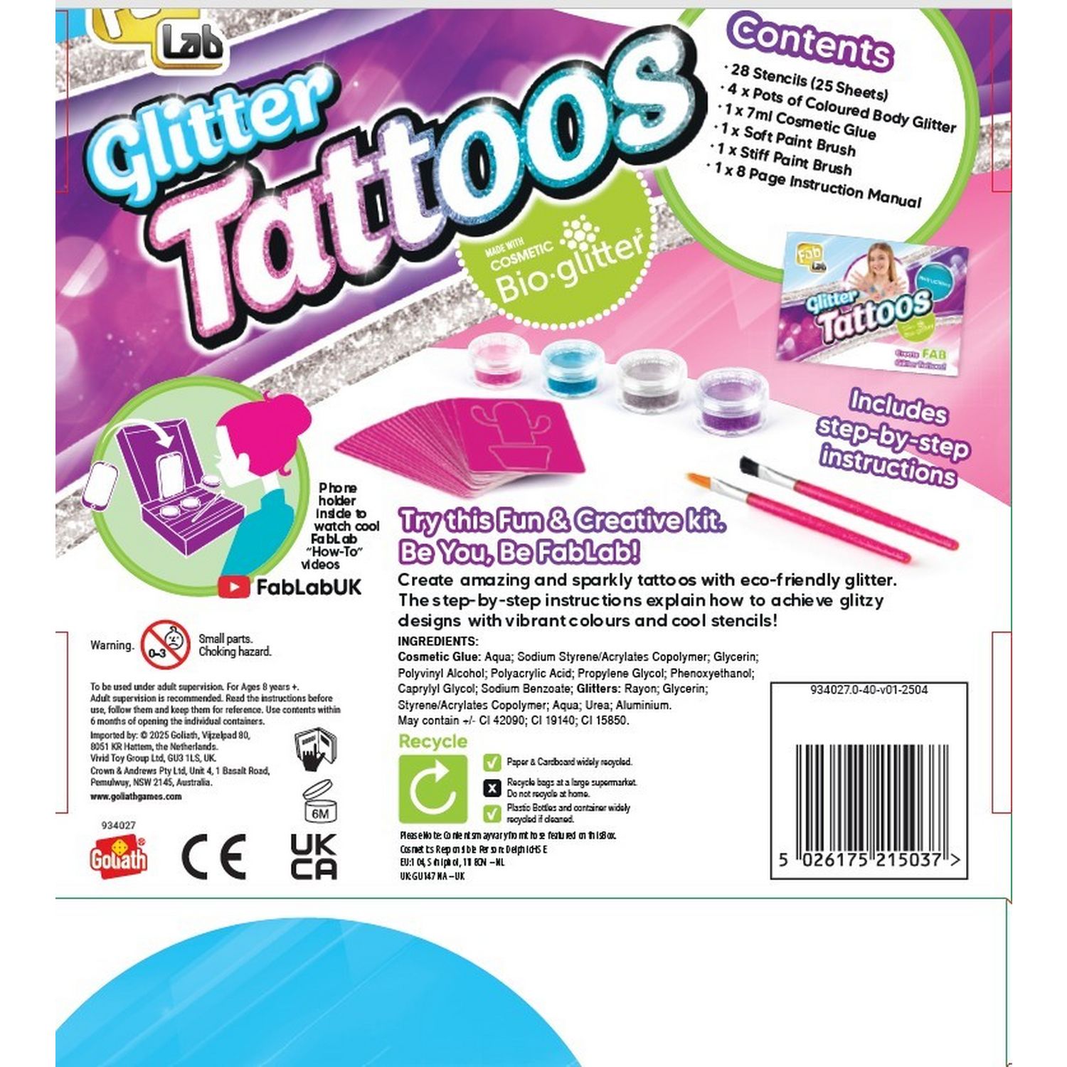 Fab Lab Glitter Tattoo Kit craft set, imported from the UK