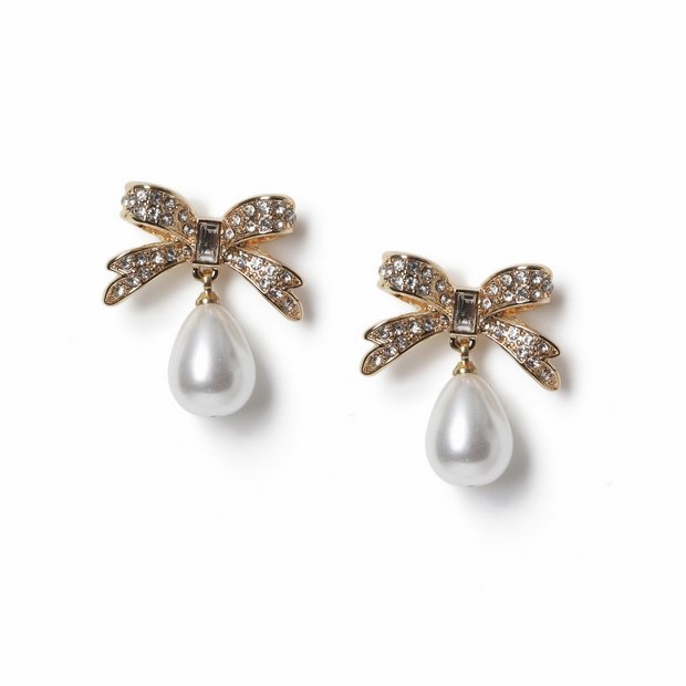 Freedom rhinestone bow pearl drop earrings, UK version
