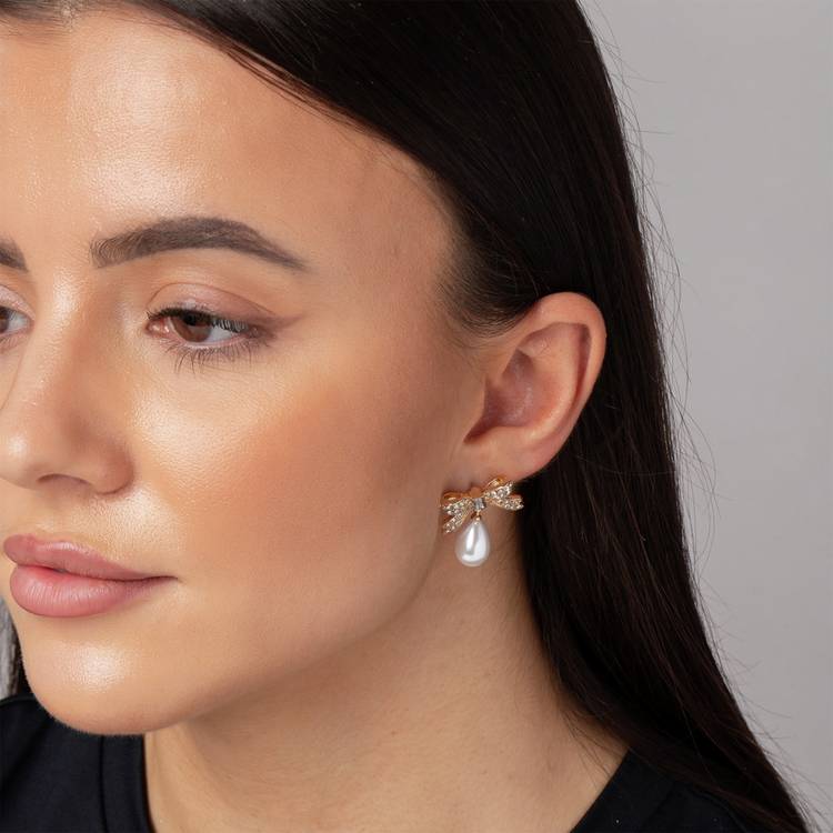 Freedom rhinestone bow pearl drop earrings, UK version