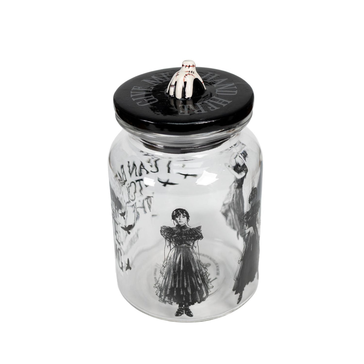 Wednesday Addams glass jar with printed quote and dance pose - British product