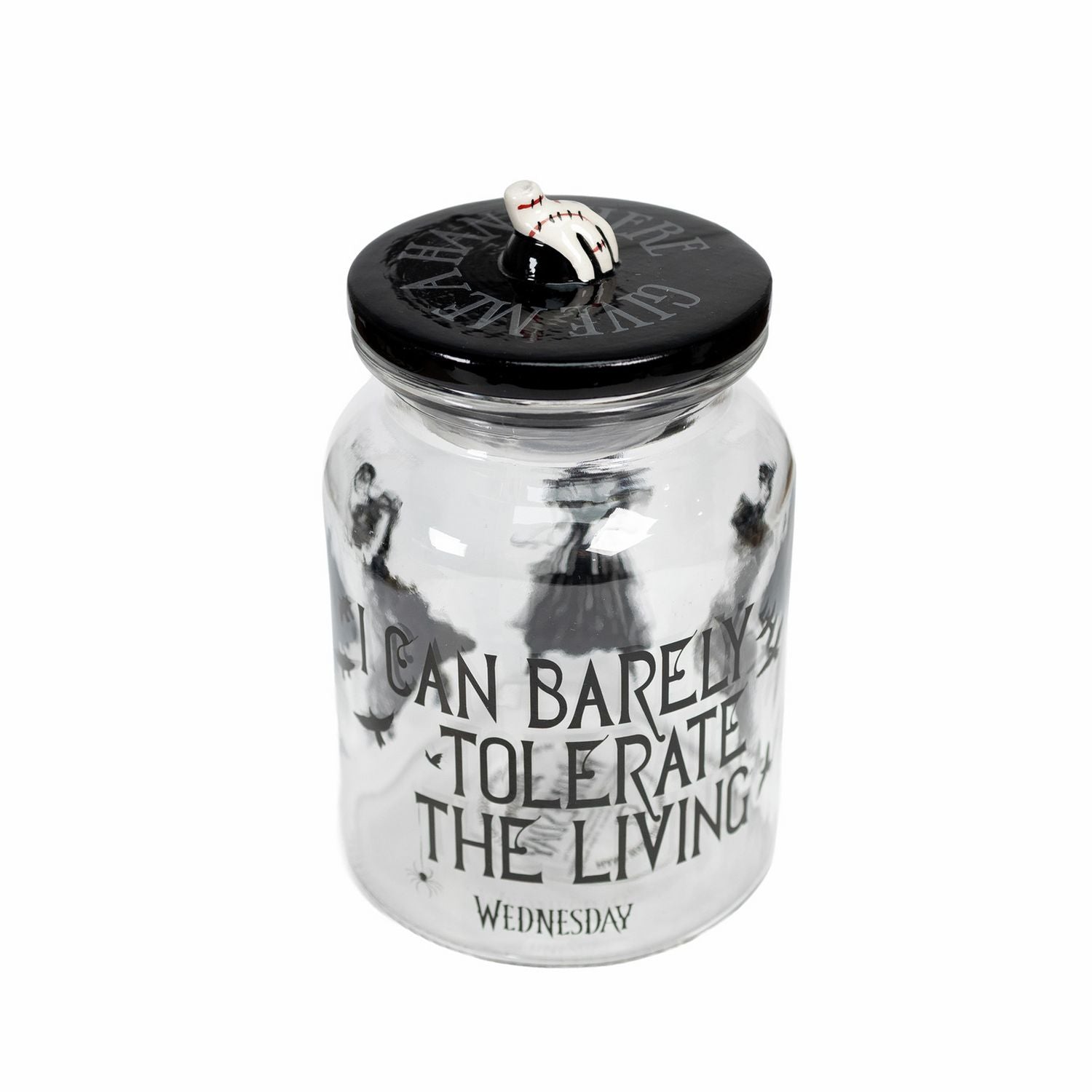 Wednesday Addams glass jar with printed quote and dance pose - British product