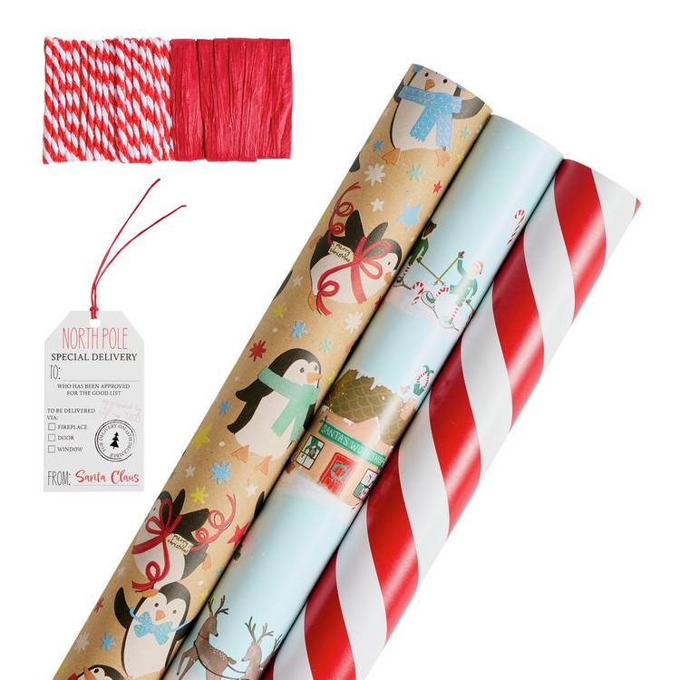 Argos Home Christmas wrapping paper set with 3 rolls and 6 tags, imported from the UK