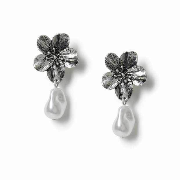 Freedom silver-tone flower pearl drop earrings, imported from the UK