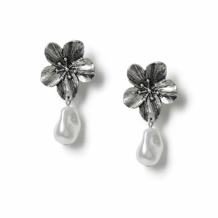 Freedom silver-tone flower pearl drop earrings, imported from the UK