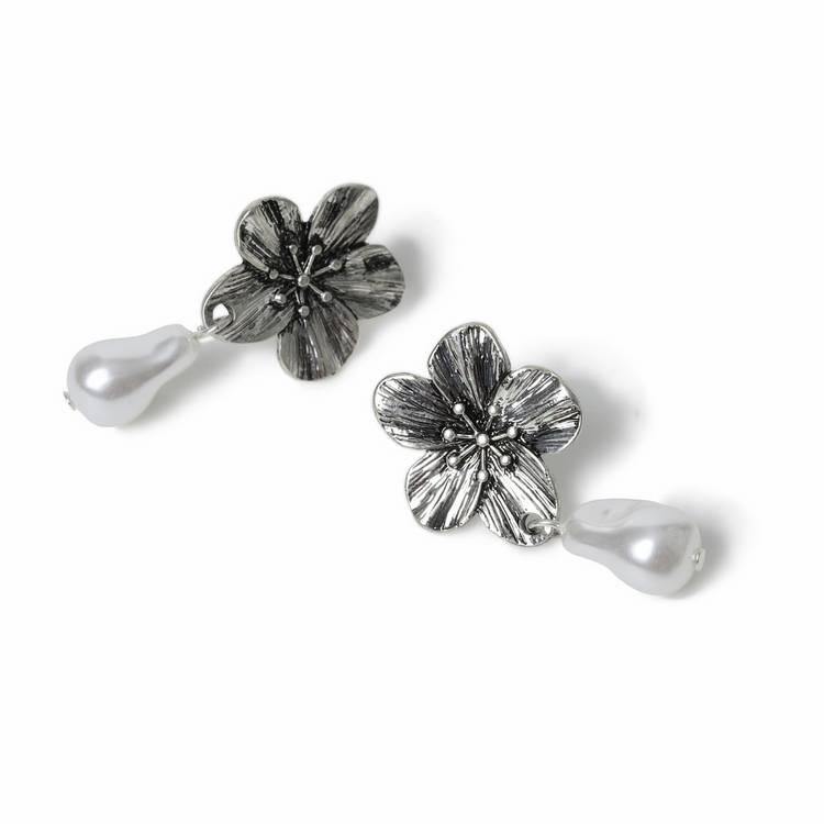 Freedom silver-tone flower pearl drop earrings, imported from the UK