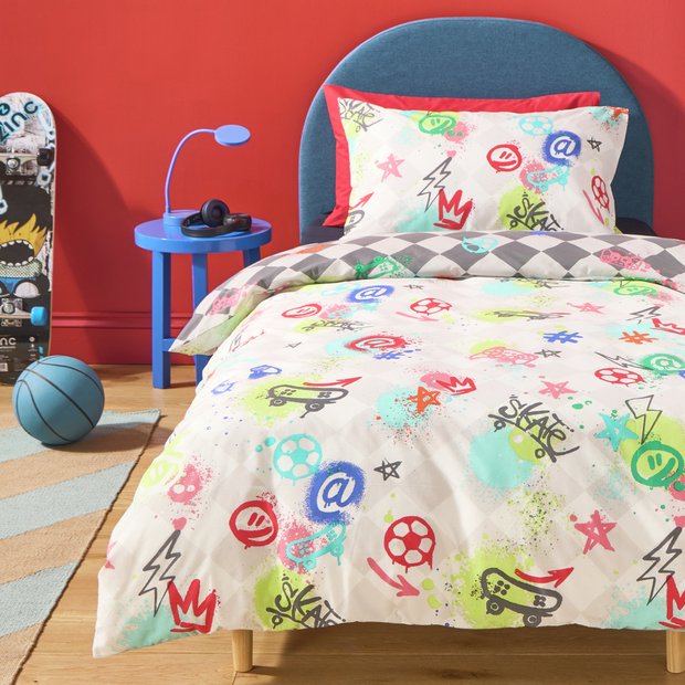 Argos Home Checkerboard Graffiti Kids Bedding Set Single, imported from the UK