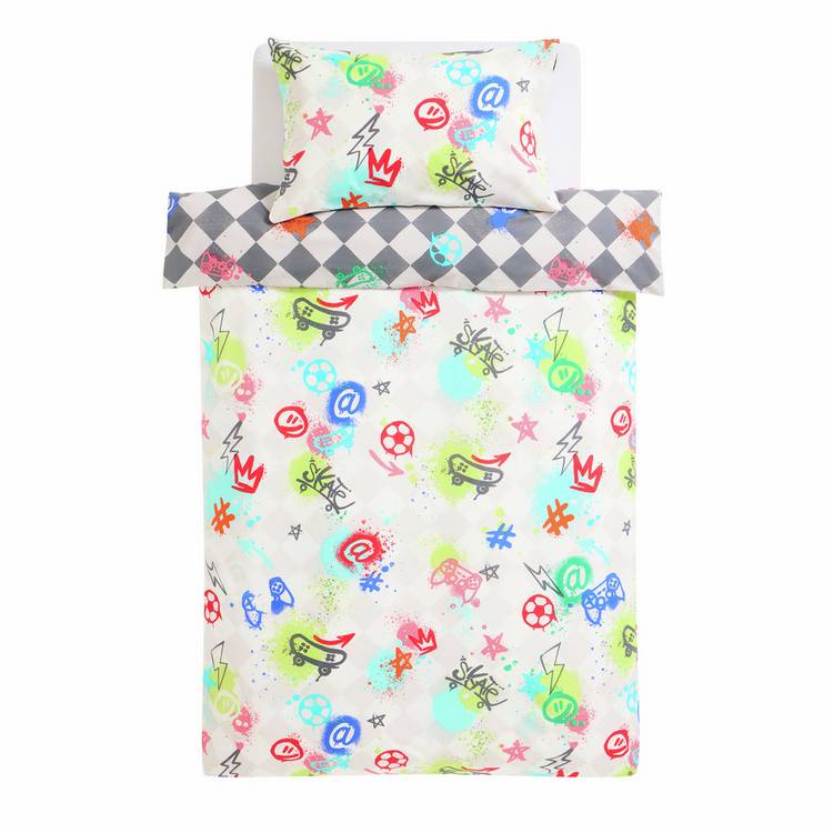 Argos Home Checkerboard Graffiti Kids Bedding Set Single, imported from the UK
