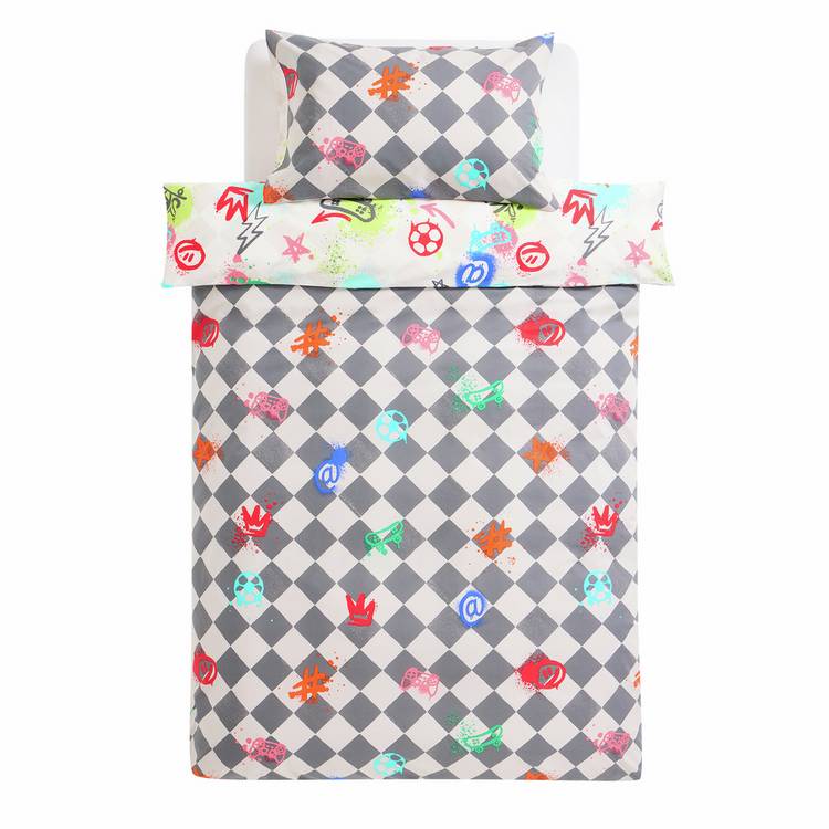 Argos Home Checkerboard Graffiti Kids Bedding Set Single, imported from the UK