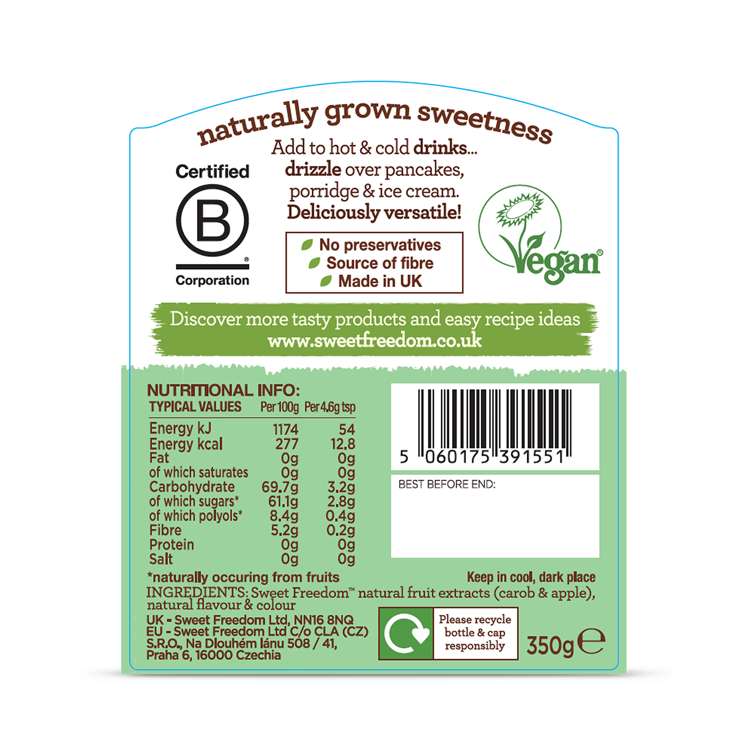 Sweet Freedom pistachio syrup 350g, imported from the UK