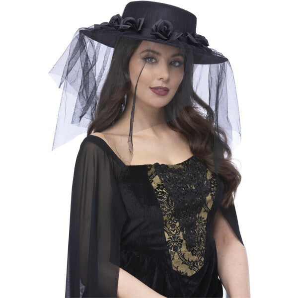Smiffys gothic funeral hat with roses and veil, UK import