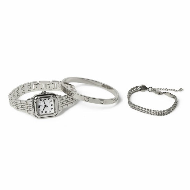 Liars & Lovers silver watch bangle and bracelet set, imported from the UK