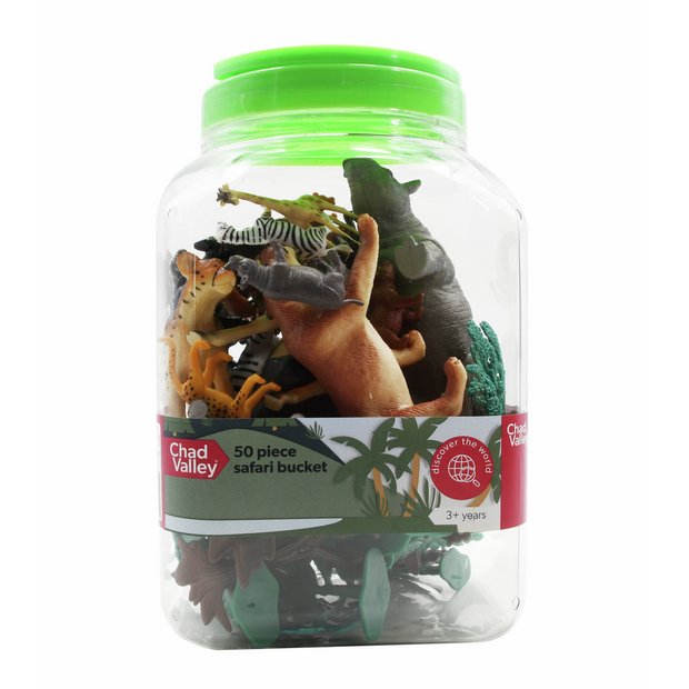 Chad Valley Safari Bucket 50-piece animal figurine set, imported from the UK