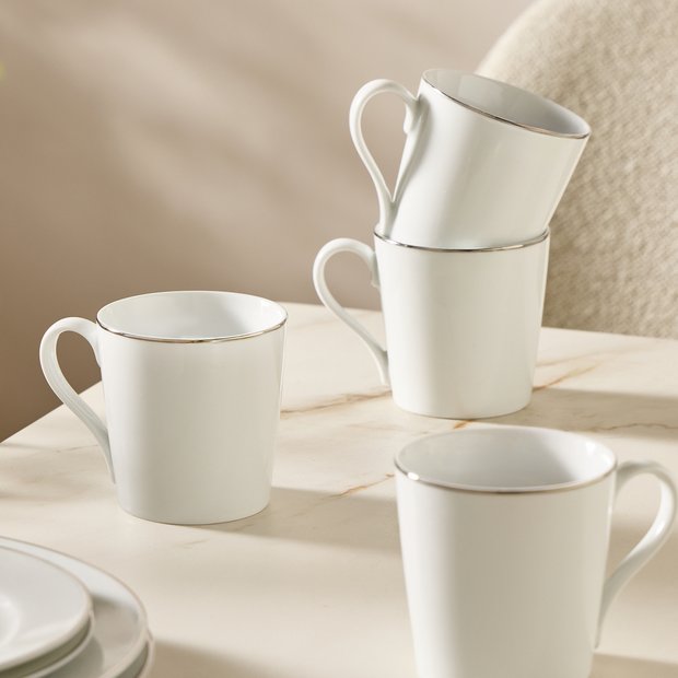 Argos Home white porcelain mugs with silver rim, imported from the UK