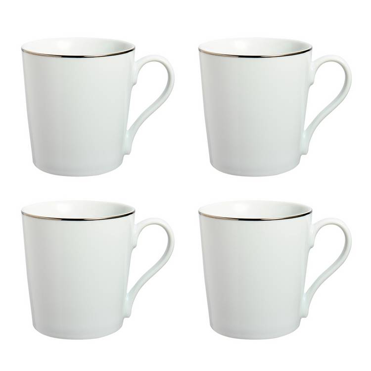 Argos Home white porcelain mugs with silver rim, imported from the UK