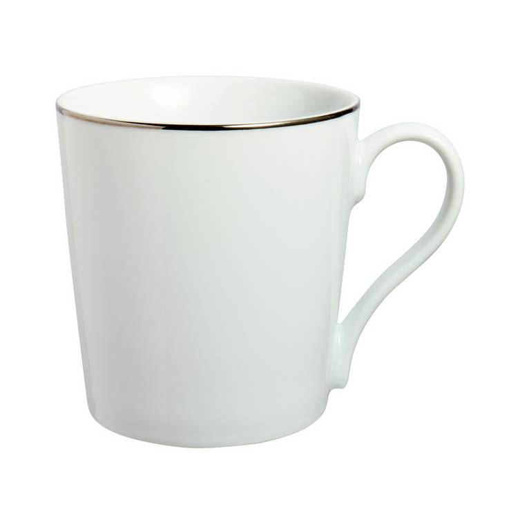 Argos Home white porcelain mugs with silver rim, imported from the UK