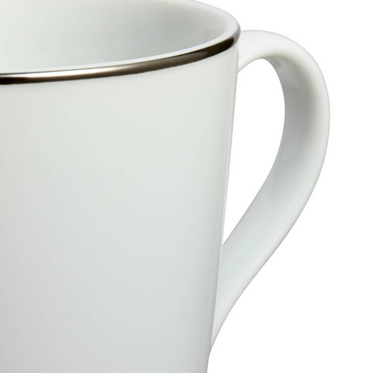 Argos Home white porcelain mugs with silver rim, imported from the UK