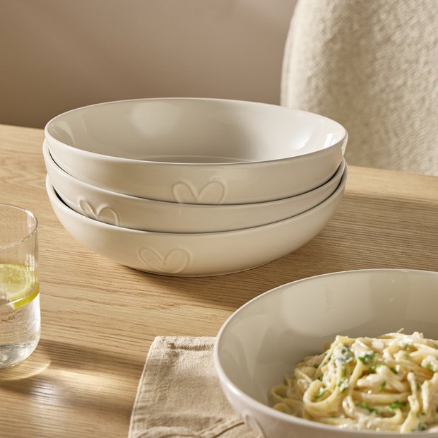 Argos Home cream embossed heart stoneware pasta bowls 22.5cm (British brand)