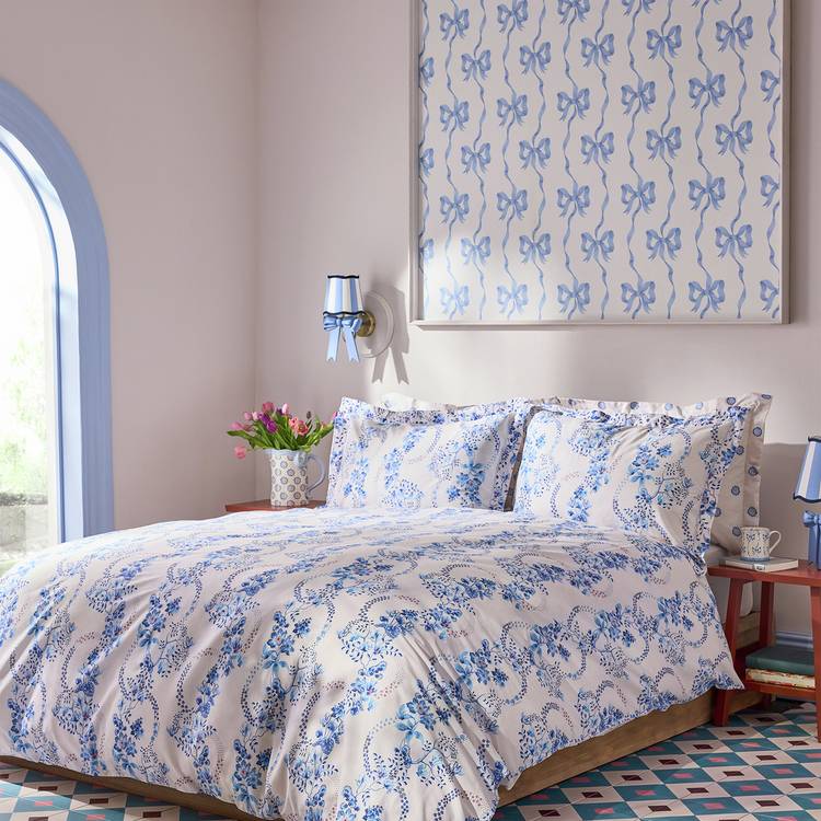 Cath Kidston Ribbon Bow Blue wallpaper roll, imported from the UK