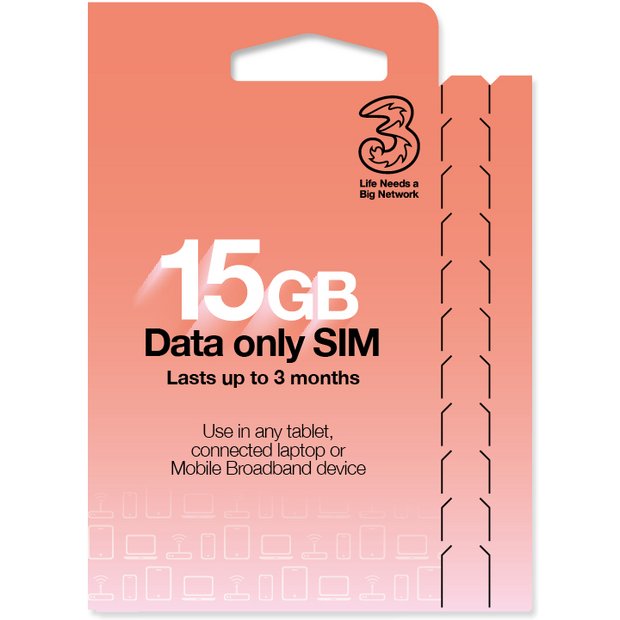 Three Pay As You Go Data SIM card 15GB, UK version