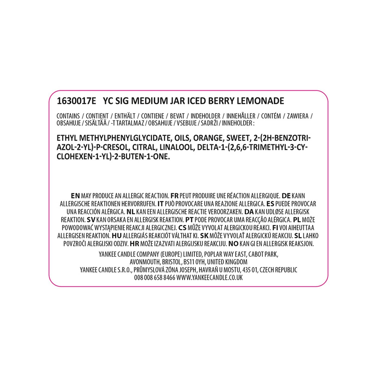 Yankee Candle Iced Berry Lemonade medium jar 368g (British brand)