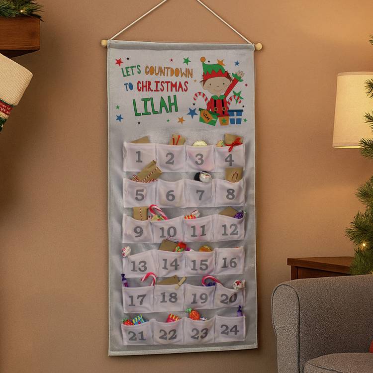 Personalised message ELF advent calendar with 24 fabric pockets - British product