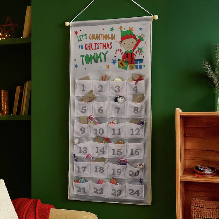Personalised message ELF advent calendar with 24 fabric pockets - British product