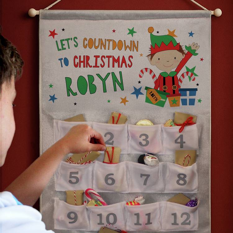 Personalised message ELF advent calendar with 24 fabric pockets - British product