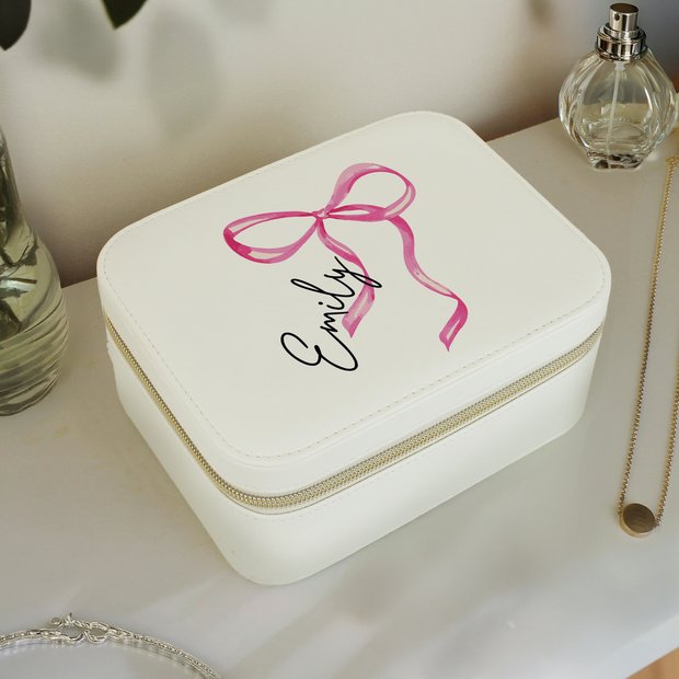 Personalised bow travel jewellery box with message engraving - British product