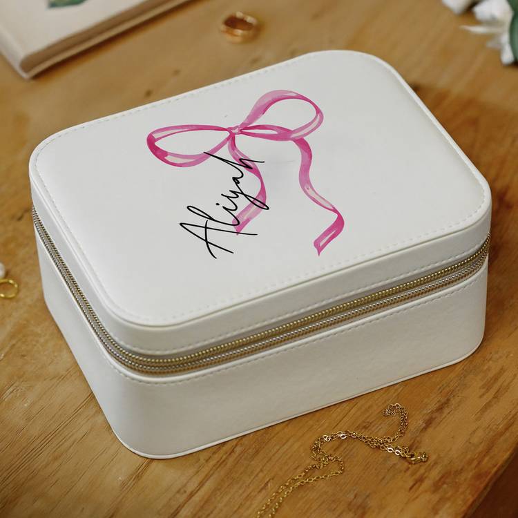 Personalised bow travel jewellery box with message engraving - British product