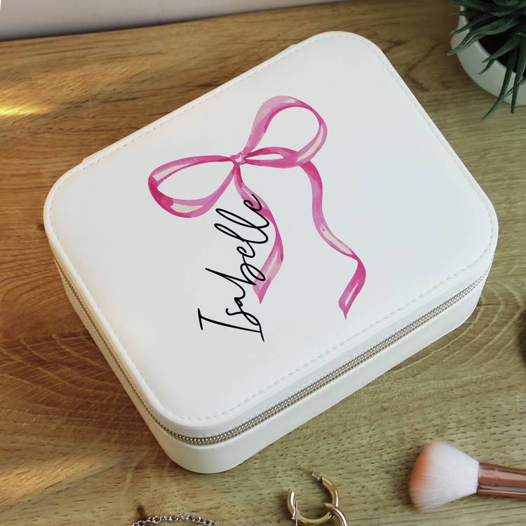 Personalised bow travel jewellery box with message engraving - British product