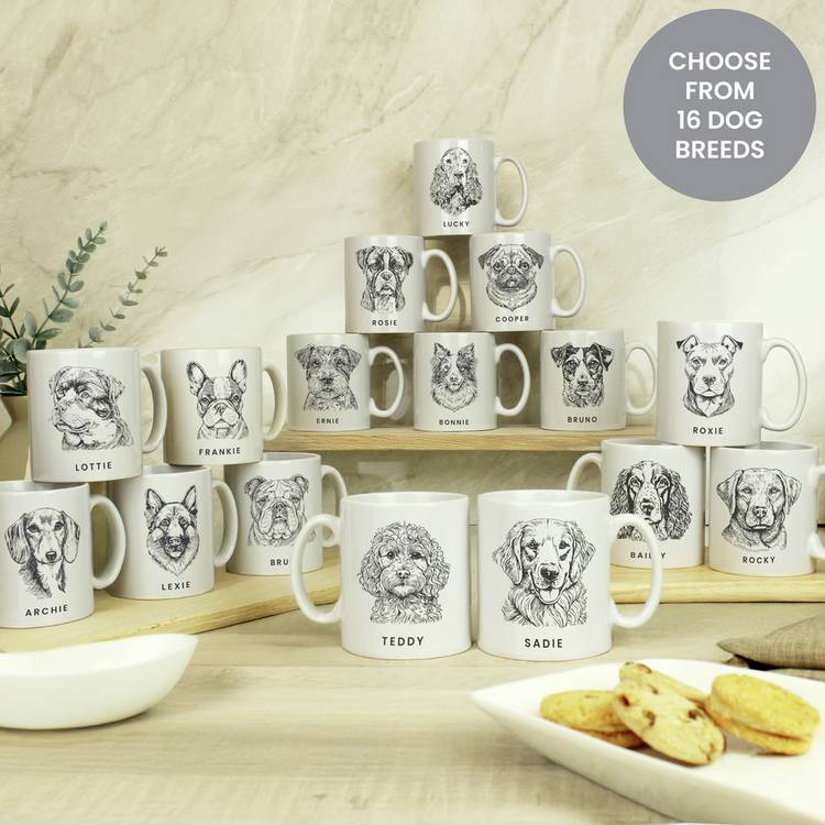 Personalised dog breed mug with name and message 325ml, UK version