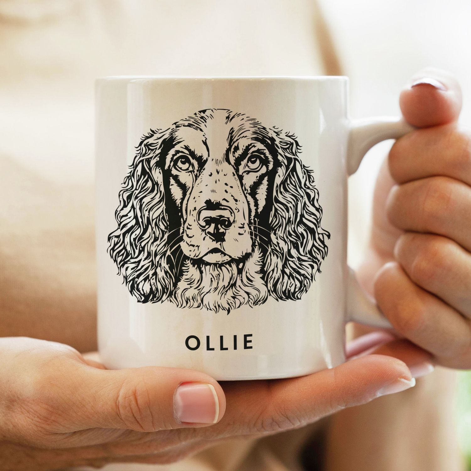 Personalised dog breed mug with name and message 325ml, UK version