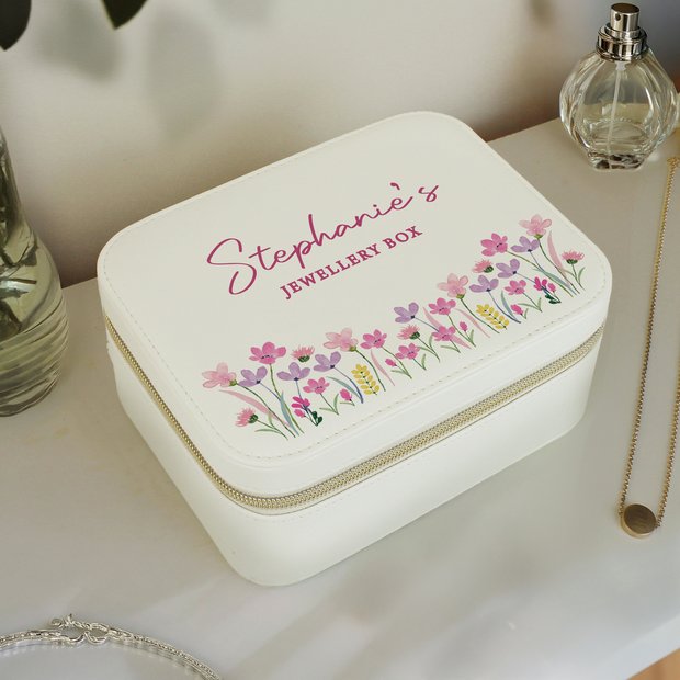 Personalised floral travel jewellery box faux leather, UK version