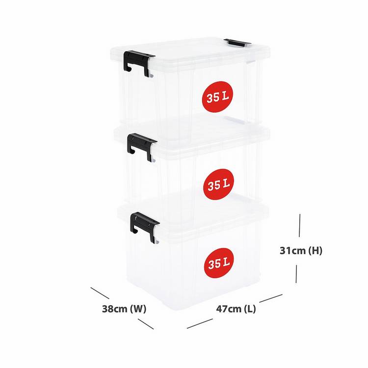 Strata Stackmaster 3 x 35L plastic storage boxes black (British brand)