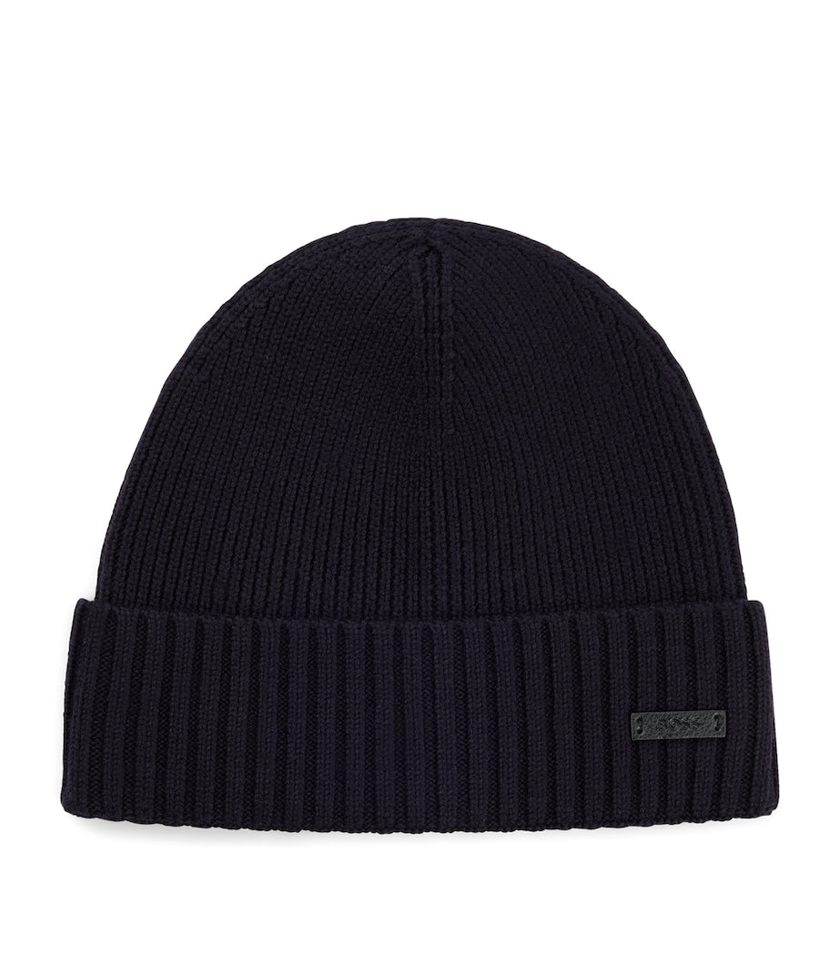 BOSS virgin wool beanie with logo badge, imported from the UK