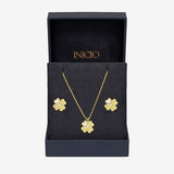 Inicio gold plated clover jewellery set with cubic zirconia, imported from the UK