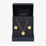 Inicio gold plated clover jewellery set with cubic zirconia, imported from the UK