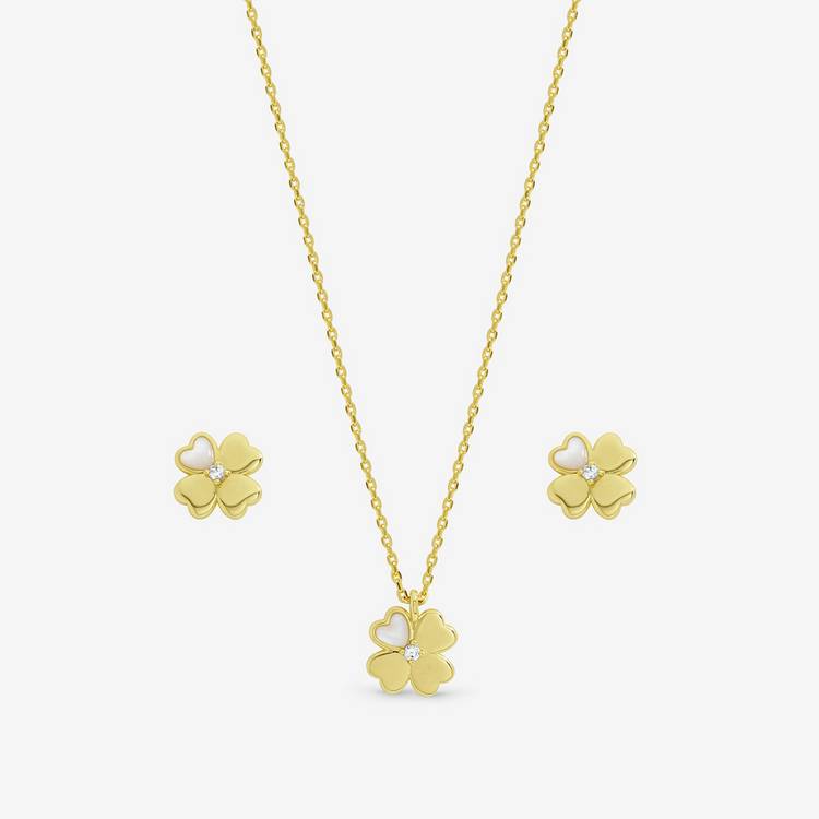 Inicio gold plated clover jewellery set with cubic zirconia, imported from the UK