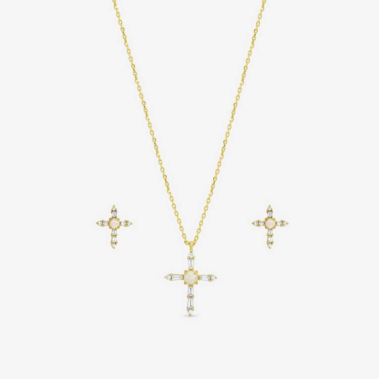 Inicio 14K gold plated cross set with cubic zirconia and opal, imported from the UK