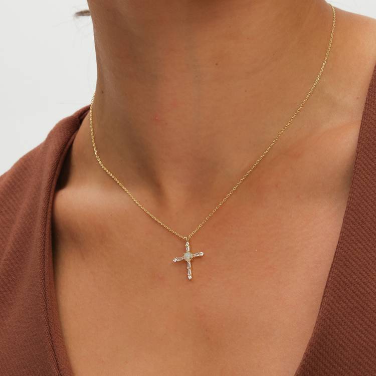 Inicio 14K gold plated cross set with cubic zirconia and opal, imported from the UK