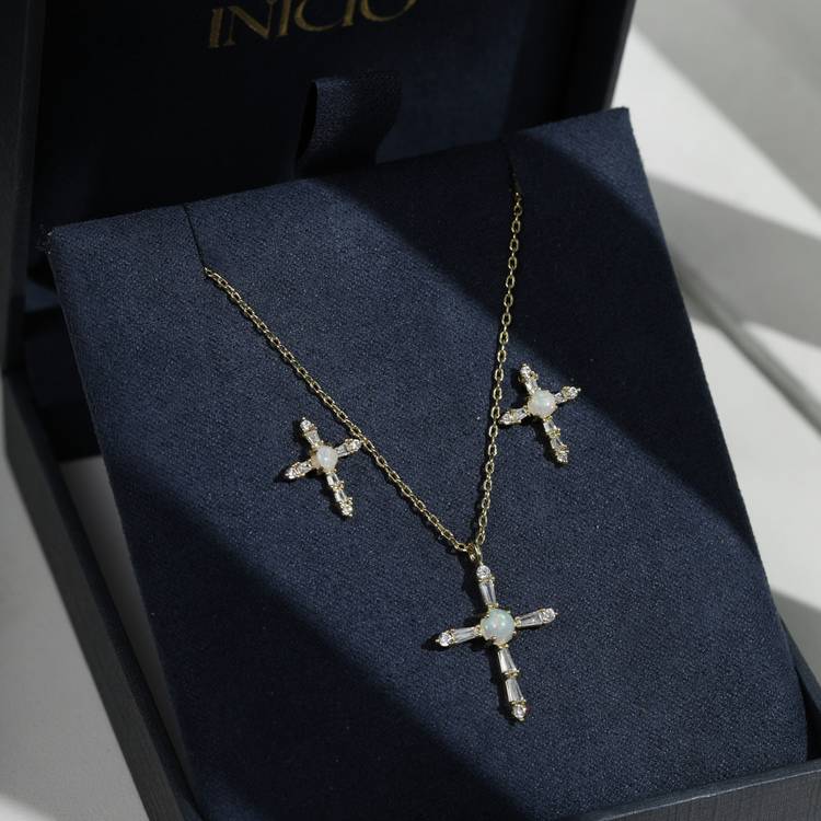 Inicio 14K gold plated cross set with cubic zirconia and opal, imported from the UK