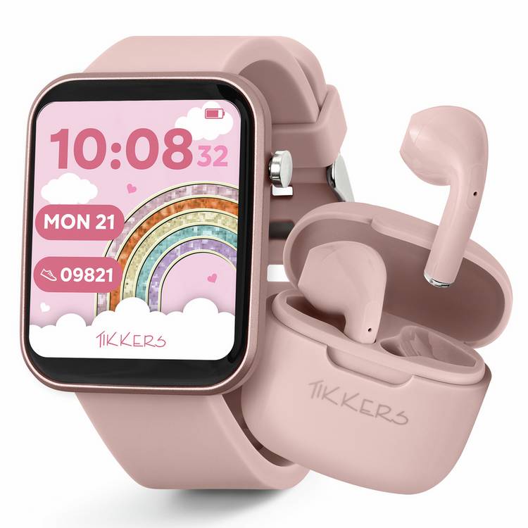 Tikkers pink smartwatch and earbud set for teens, imported from the UK
