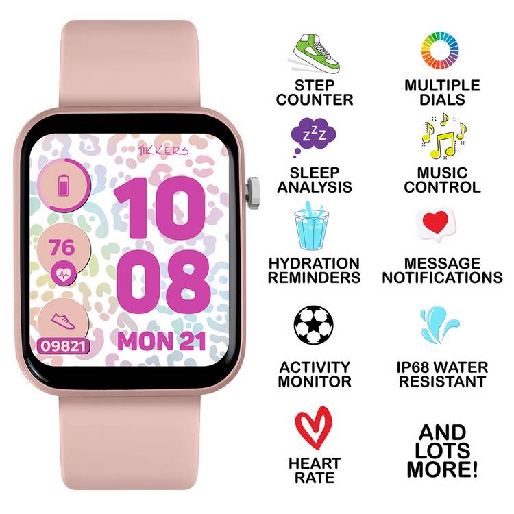 Tikkers pink smartwatch and earbud set for teens, imported from the UK