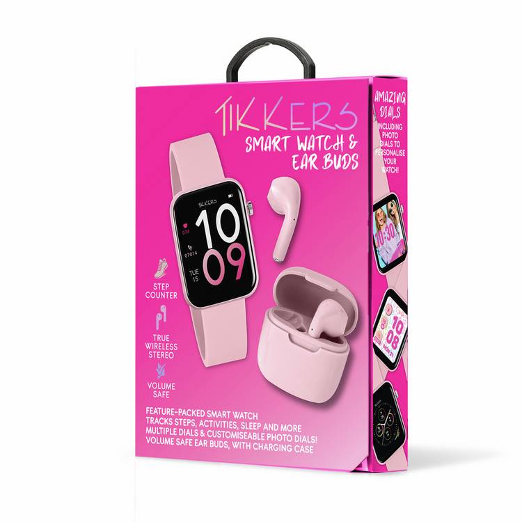 Tikkers pink smartwatch and earbud set for teens, imported from the UK
