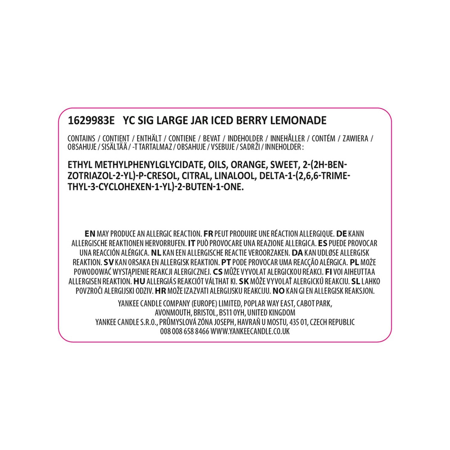 Yankee large scented candle Iced Berry Lemonade, UK version