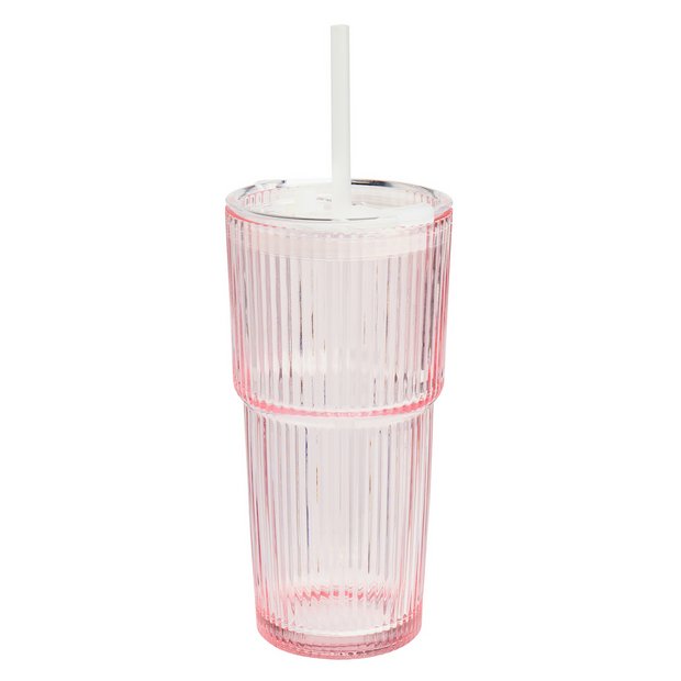 Argos Home pink ribbed glass with reusable straw, UK version