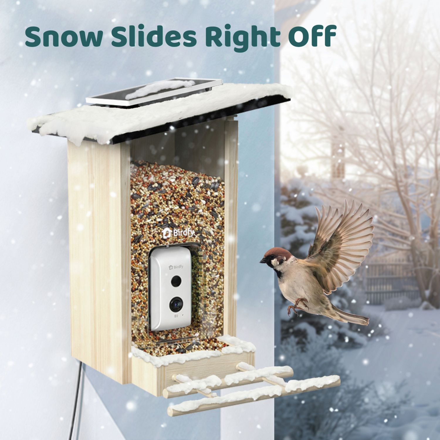 Birdfy Ebony Lite bird feeder with solar panel, imported from the UK