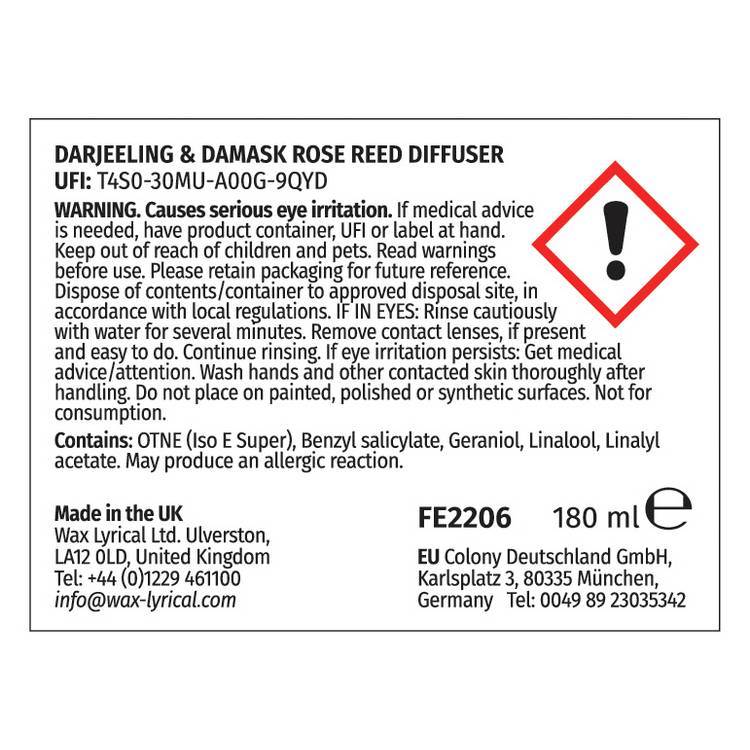 Fired Earth reed diffuser 180ml Darjeeling & Damask Rose, UK version